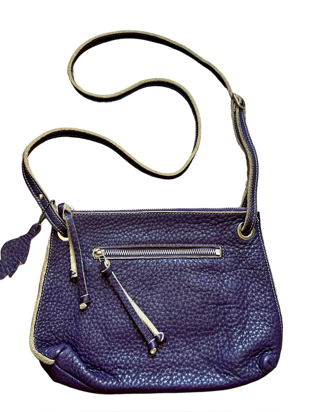 Roots Dark Purple Genuine Pebbled Leather Small Crossbody Bag Purse